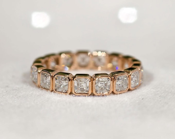 Asscher Cut Moissanite Wedding Band, Solid Rose Gold Bezel Setting Full Eternity Anniversary Band, Luxurious Proposal Band For Her