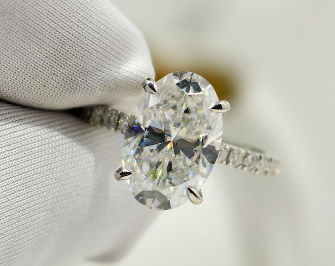 Oval Cut Moissanite Hidden Halo Wedding Ring Four Claw Prong Set Classic Solitaire With Accent Engagement Ring For Her Elegant Proposal Ring