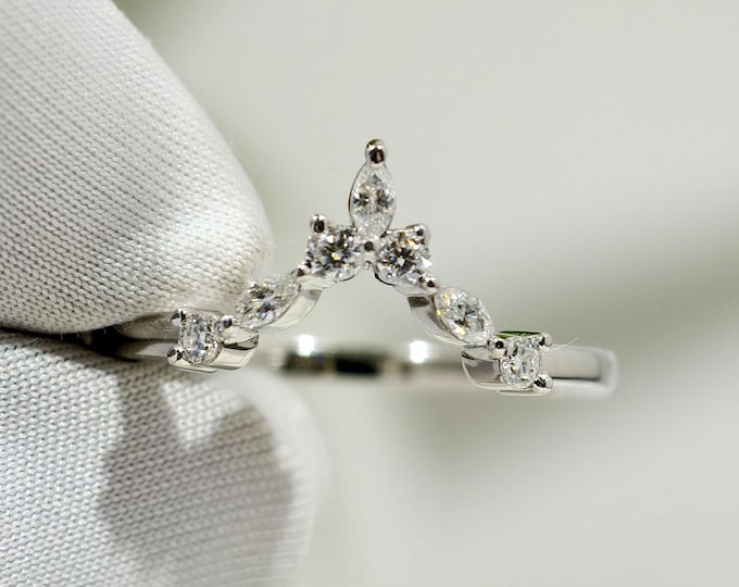 Dainty Round And Marquise Cut Moissanite Wedding Band, Unique Chevron Curved Half Eternity Stackable Promise Band, Anniversary Gift For Wife