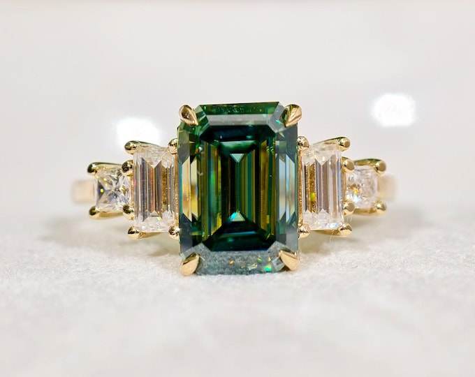 3 CT Green Emerald Cut Five Stone Ring, Emerald Green Moissanite Engagement Ring, Vintage Art Deco Wedding Ring, Classy Anniversary Ring