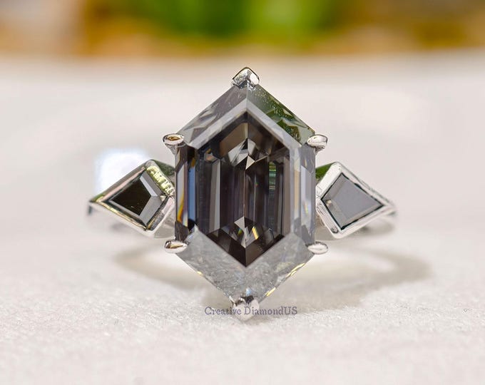 Grey Hexagon Cut Moissanite Engagement Ring, Black Kite Cut Side Diamond Three Stone Gothic Style Wedding Ring, Elegant Party Wear Jewelry