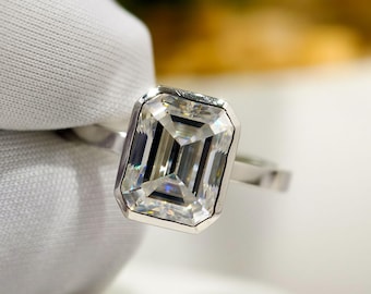 Emerald Cut Moissanite Diamond Bezel Engagement Ring, Emerald Solitaire Wedding Ring For Women, Statement Ring Gift For Her