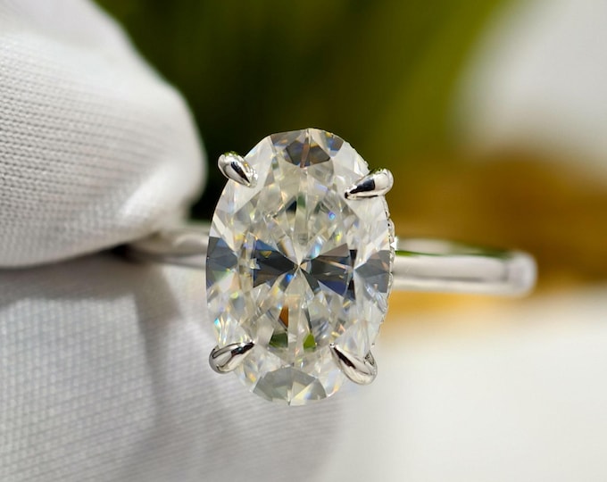 Oval Cut Moissanite Solitaire Engagement Ring, Hidden Halo Anniversary Ring, Four Prong Basket Setting Wedding Ring, Luxurius Brithday Gift