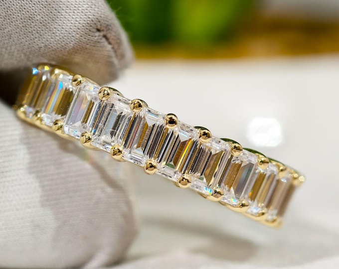 Emerald Cut Moissanite Diamond Wedding Band, Full Eternity Matching Engagement Band, 14K Yellow Gold Luxurious Anniversary Gift For Women