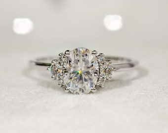 Oval Cut Colorless Moissanite Engagement Ring, Cluster Diamond Proposal Ring For Women, 14K White Gold Seven Stone Luxurious Wedding Ring