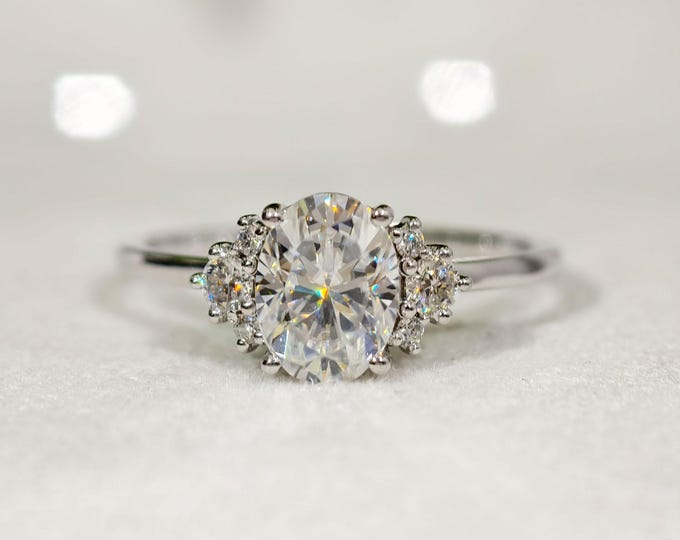 Oval Cut Colorless Moissanite Engagement Ring, Cluster Diamond Proposal Ring For Women, 14K White Gold Seven Stone Luxurious Wedding Ring