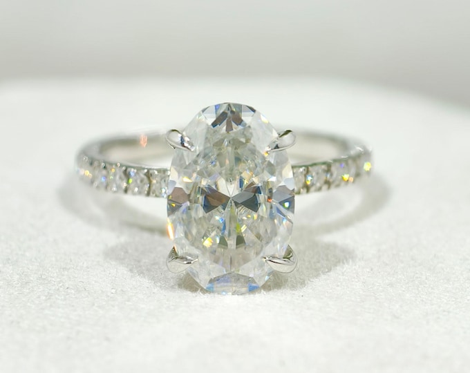 2 Oval Cut Moissanite Engagement Ring, Hidden Halo Pave Anniversary Ring, Four Claw Prong Solitaire Accent Wedding Ring, Luxury Gift For Her