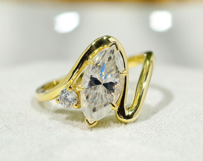 Marquise Cut Moissanite Wave Style Engagement Ring, Uniqye Bypass Shank Solitaire Proposal Ring, Minimalist Modern Handmade Fine Jewelry