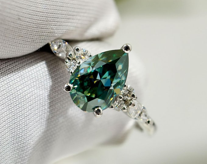 Cyan Blue Pear Cut Moissanite Engagement Ring, Teardrop Cluster Diamond Wedding Ring, Unique Birthstone Anniversary Gift For Your Love