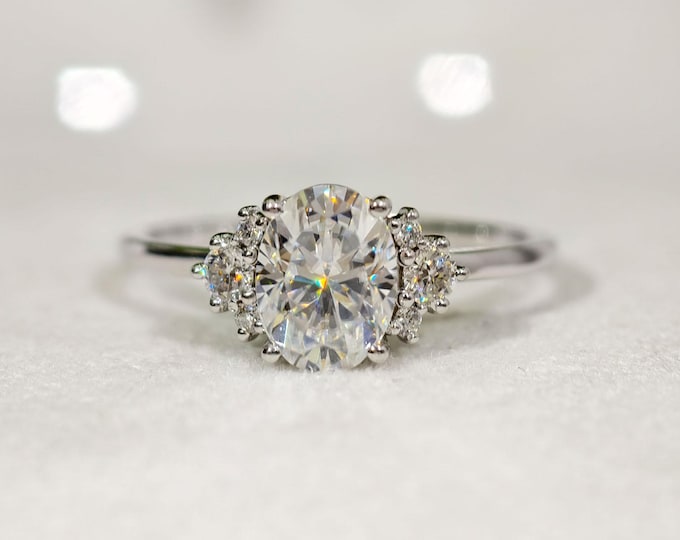 1.50 CT Oval Cut Moissanite Engagement Ring, Cluster Diamond Proposal Ring For Women, 14K Solid White Gold Luxurious Wedding Jewelry