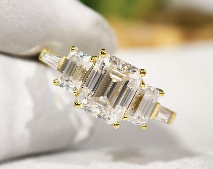 Five Stone Moissanite Wedding Ring, Emerald Cut Diamond Engagement Ring, Modern Anniversary Gift In Solid Yellow Gold, Daily Wear Jewelry