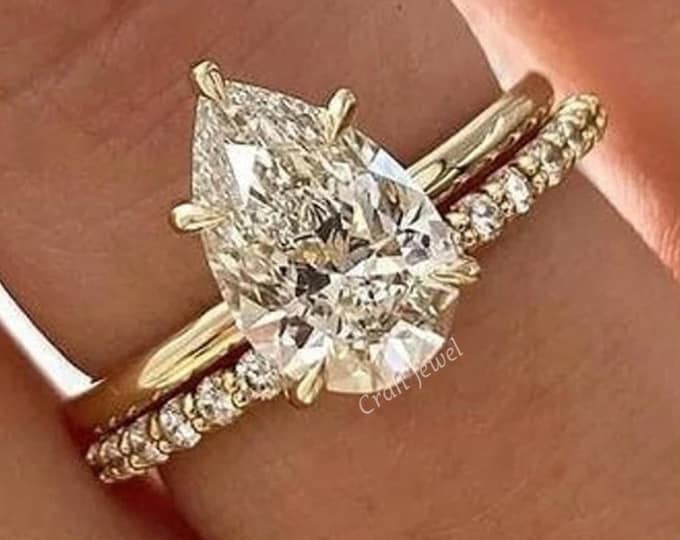Lab Grown Diamond Wedding Ring Set, 3 CT Pear Cut Hidden Halo Bridal Set, Pear cut  Matching Band Bridal Ring Set, Best Gift For Her.