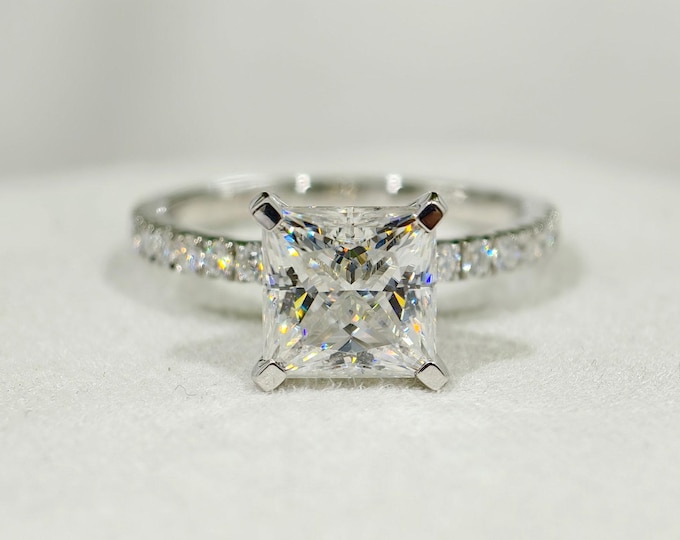 2 Ct Princess Cut Moissanite Engagement Ring, Solitaire With Accent Wedding Ring In 14K Gold, Square Diamond Modern Proposal Ring For Women