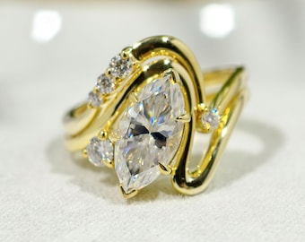 1.50 Ct Marquise Cut Moissanite Wedding Ring Set Curved Shank Engagement Ring Set Unique Wave Style Anniversary Gift Handmade Bridal Jewelry