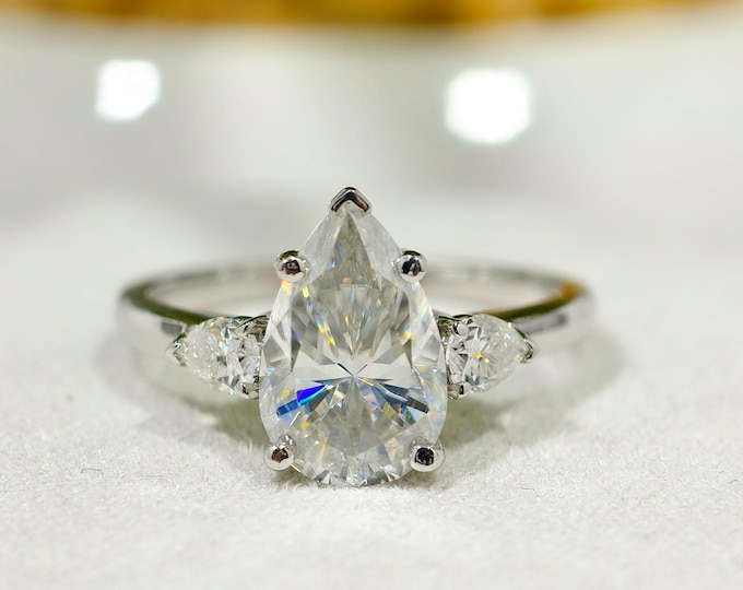 Three Stone Pear Cut Engagement Ring, 2 CT Tear Drop Cut Moissanite Wedding Ring, Unique Trinity Diamond Anniversary Gift Ring For Her