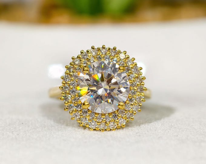 Round Brilliant Cut Moissanite Engagement Ring, Double Halo Wedding Ring, 14K Solid Gold Cluster Anniversary Ring, Customized Handmade Gift