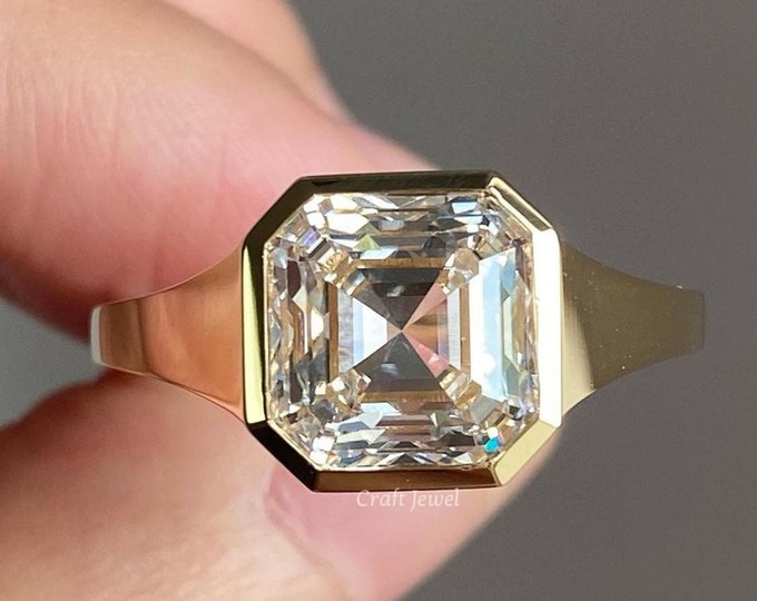 Asscher Cut Bezel Set Moissanite Engagement Ring, 4.5 CT Asscher Diamond Signet Bezel Set Wedding Ring, Solitaire Men's Ring, Gift For Him