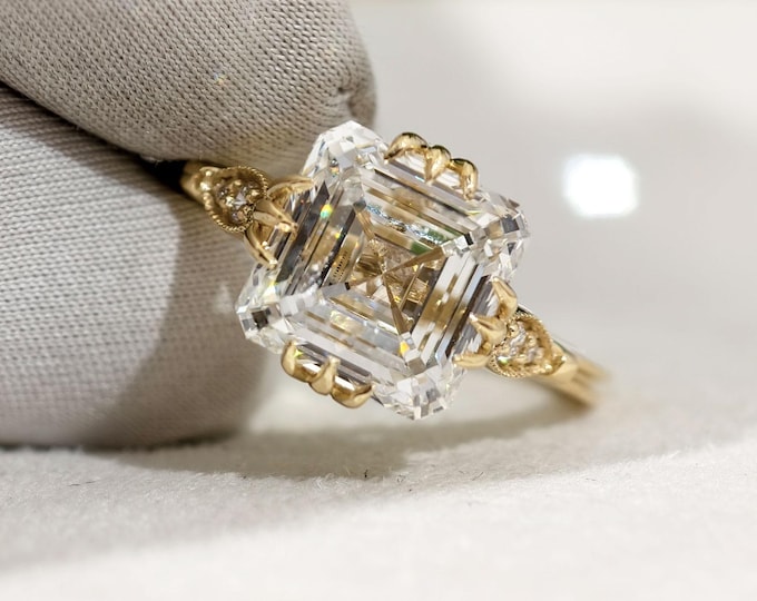 IGI Certified Asscher Cut Lab Grown Diamond Engagement Ring, Unique Fishtail Prong Setting Wedding Ring, Vintage Art Deco Proposal Ring