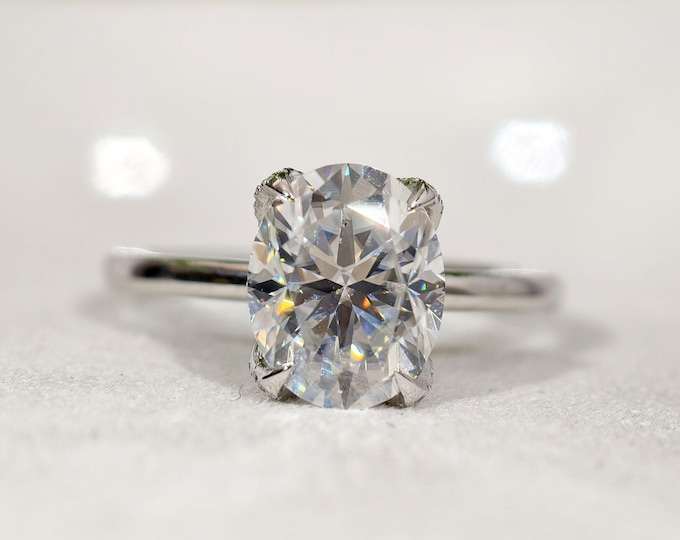 Oval Cut Moissanite Engagement Ring, Lotus Petal Prong Setting Solitaire Diamond Wedding Ring, Tulip Basket Set Hidden Halo Anniversary Gift