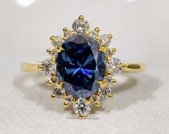 Royal Blue Oval Cut Moissanite Engagement Ring, Cluster Halo Wedding Ring, Cathedral Setting Ring, Vintage Bridal Ring, Unique Jewelry