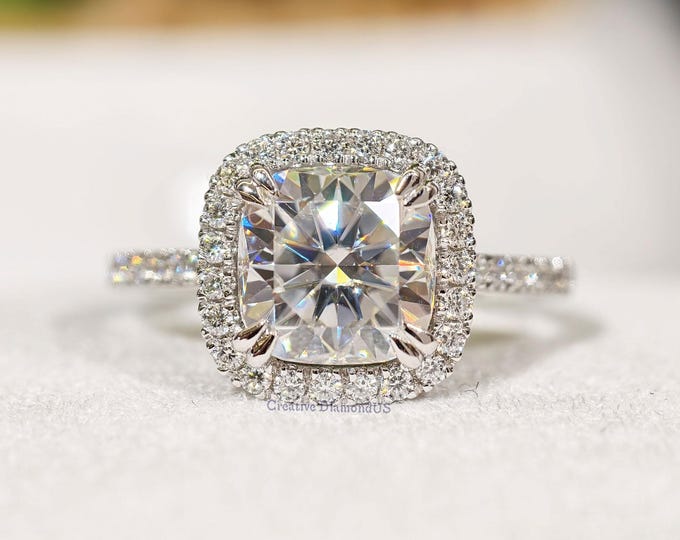 Cushion Cut Moissanite Diamond Wedding Ring, Designer Halo Setting Engagement Ring, Solid White Gold Double Prong Set Anniversary Gift