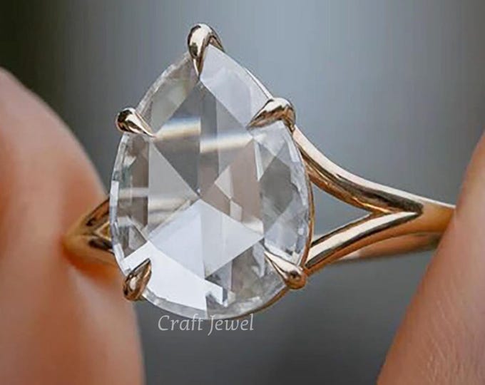 2 CT Pear Rose Cut Moissanite Split Shank Engagement Ring Low Profile Moissanite Ring Classic Solitaire Vintage Wedding Ring Gift For Her