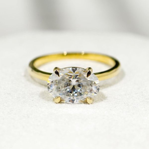 2 CT Oval Cut Moissanite Engagement Ring, East West Diamond Prong Setting Anniversary Ring, Solitaire Wedding Ring, Promise Gift For Her