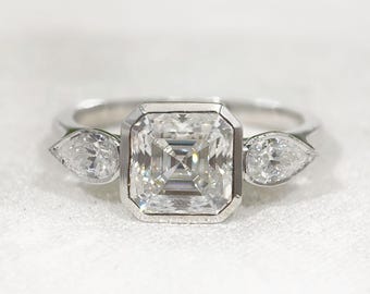 2 CT Asscher Cut Moissanite Three Stone Engagement Ring, Bezel Setting Anniversary Ring For Women, Side Pear Diamond Unique Promise Ring