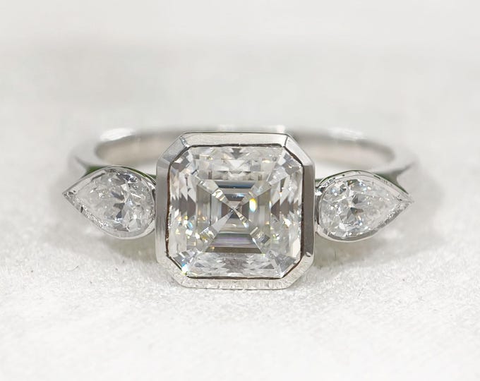 2 CT Asscher Cut Moissanite Three Stone Engagement Ring, Bezel Setting Anniversary Ring For Women, Side Pear Diamond Unique Promise Ring