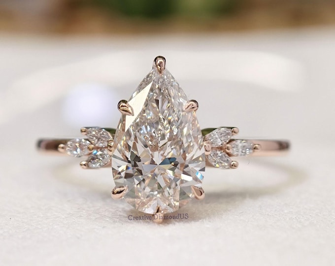 IGI Certified 3 Ct Pear Cut Diamond Hidden Halo Engagement Ring, 14k Solid Gold TearDrop  Cluster Wedding Ring with Side Marquise Stone