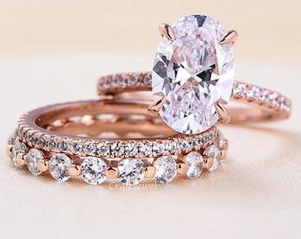 Moissanite Engagement Ring 3pcs Set Oval Cut Moissanite Diamond Bridal Ring Set 14K Rose Gold Engagement Ring Promise Ring Stacking Ring