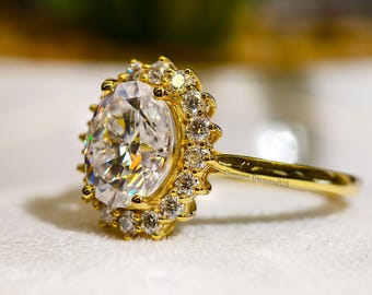 Ovaler Moissanit-Cluster-Halo-Ehering mit vier Zinken, 18 Karat Gold, Verlobungsring für Frauen, Erinnerungsversprechensring