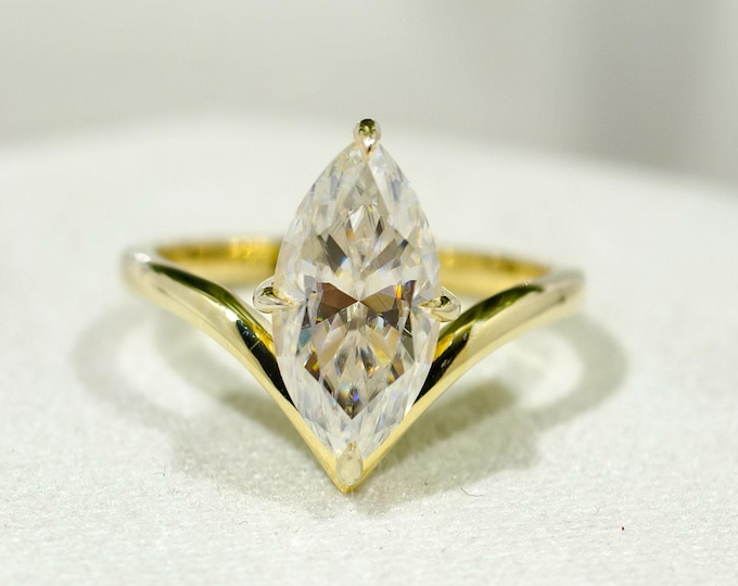 Marquise Cut Moissanite Solitaire Engagement Ring, Chevron V Shaped Plain Band Statement Ring, Statement Ring Wedding Ring In 14K Solid Gold