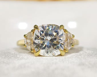 4 CT Cushion Cut Moissanite Three Stone Engagement Ring for Women Side Half Moon Diamond Wedding Ring Affordable Customized Anniversary Gift