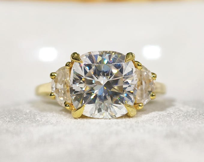 4 CT Cushion Cut Moissanite Three Stone Engagement Ring for Women Side Half Moon Diamond Wedding Ring Affordable Customized Anniversary Gift