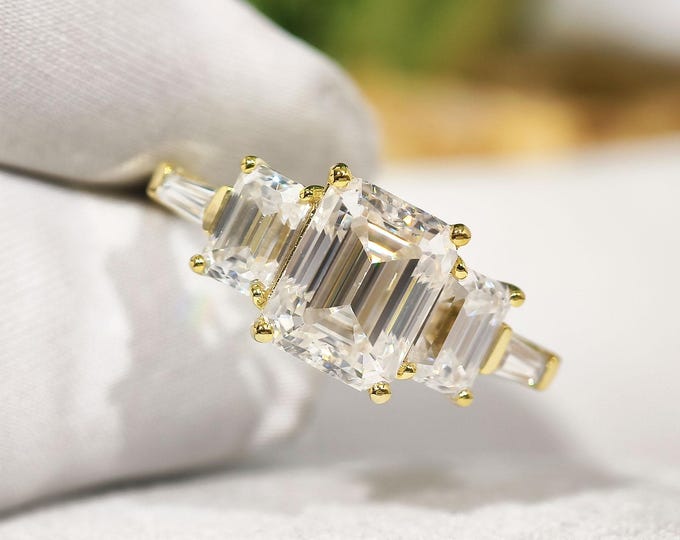Five Stone Moissanite Wedding Ring, 2.50 CT Emerald Cut Colorless Diamond Engagement Ring, Modern Anniversary Gift, Daily Wear Proposal Ring