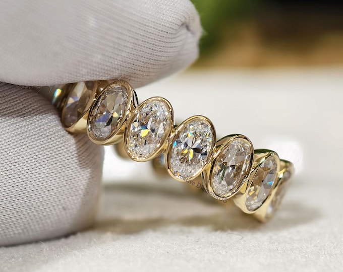 Oval Cut Moissanite Wedding Band, Bezel Set Full Eternity Proposal Band, Minimalist Gold Anniversary Gift, Stackable Promise Band For Her