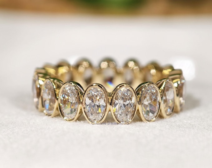 Oval Cut Bezel Setting Moissanite Wedding Band, Full Eternity Matching Promise Band, 14K Solid Gold Custom Anniversary Gift
