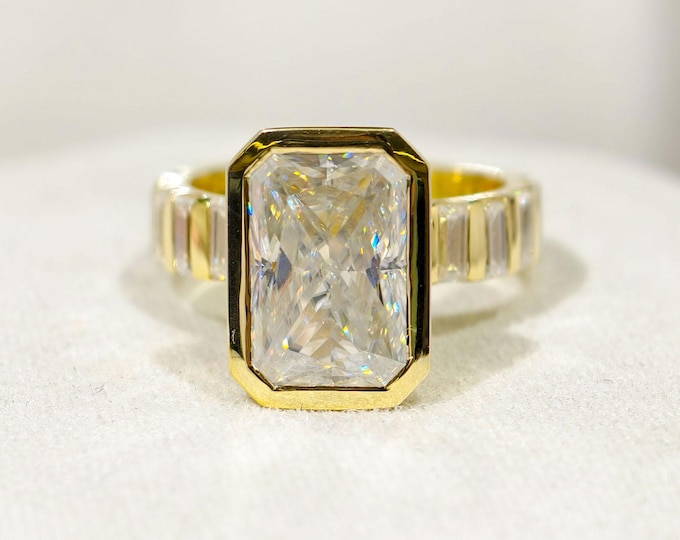 4.50 Ct Radiant Cut Moissanite Bezel Set Engagement Ring, Baguette Side Stone Wedding Ring In Yellow Gold, Unique Bar Set Anniversary Gift