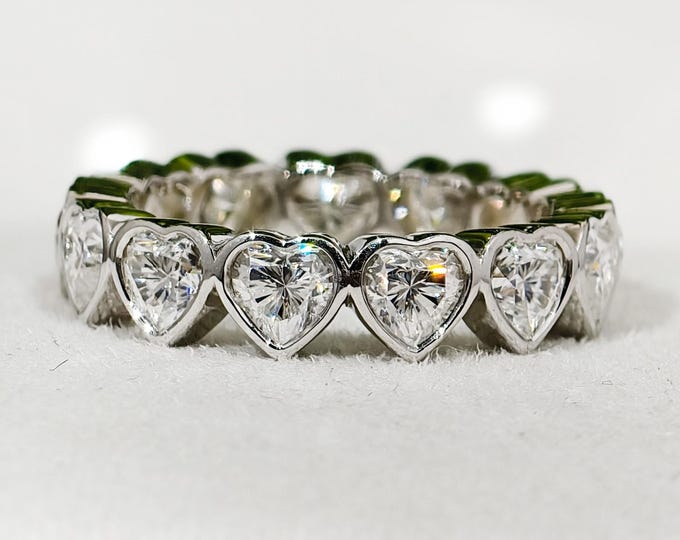 Heart Cut Colorless Moissanite Wedding Band Unique Full Eternity Dainty Stackable Band Simple Bezel Set Anniversary Band Gift For Her