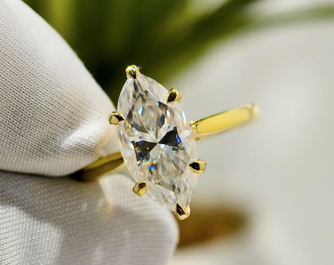 Marquise Cut Moissanite Hidden Halo Wedding Ring, Solitaire Diamond Pave Setting Engagement Ring In Solid Gold, Anniversary Gift Jewelry
