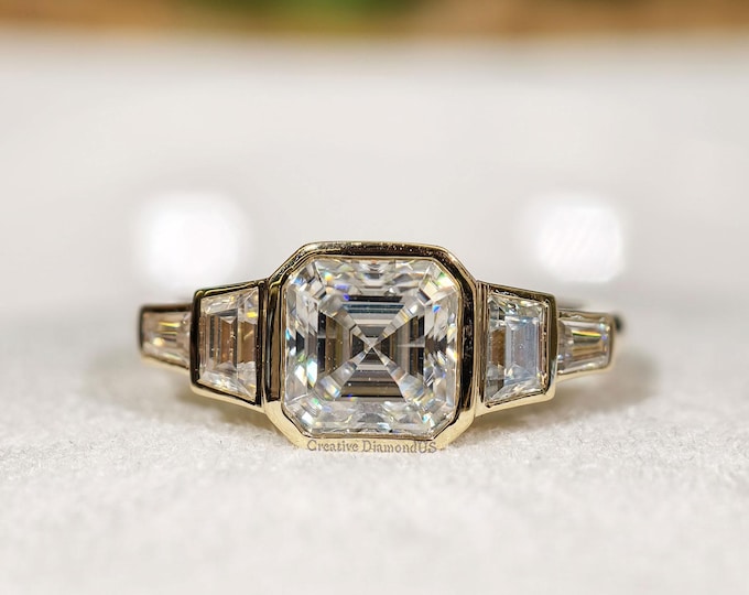1.50 CT Asscher Cut Moissanite Engagemengt Ring, Full Bezel Setting Wedding Ring In Solid Yellow Gold, Five Stone Stackable Proposal Ring