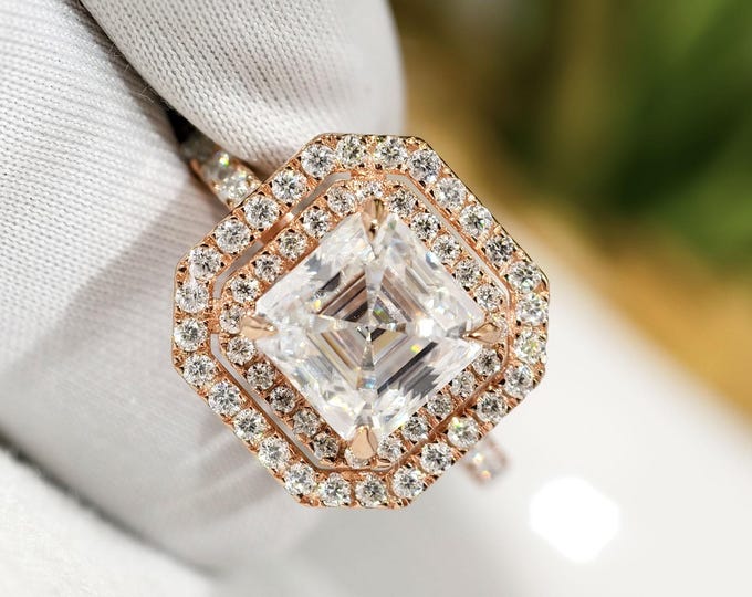 Asscher Cut Moissanite Engagement Ring, Double Halo Half Eternity Pave Setting Four Claw Prong Set Promise Ring, Custom Handmade Jewelry