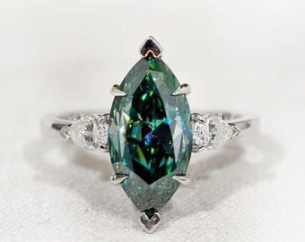Cyan Blue Marquise Cut Moissanite Three Stone Engagement Ring For Women, Pear Side Stone Unique Anniversary Ring, Unique Birthday Gift