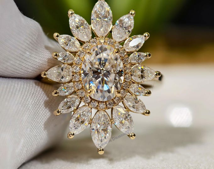 Oval Cut Moissanite Engagement Ring, Starburst Halo Wedding Ring, Double Halo Cluster Anniversary Ring, Luxurious Proposal Ring