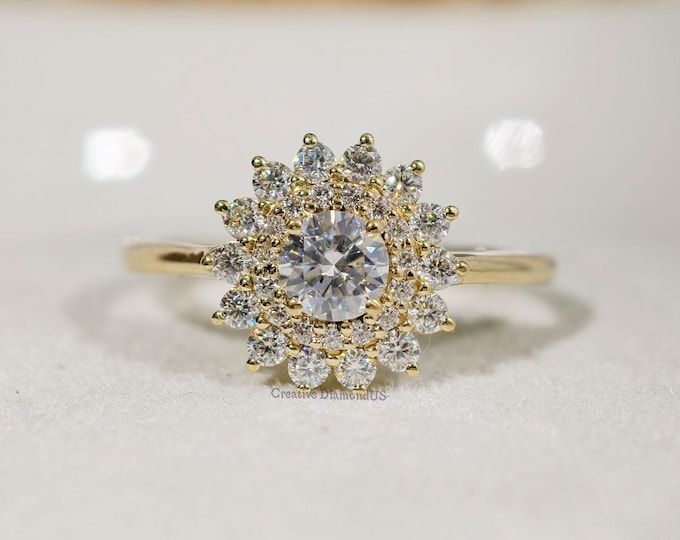 Vintage Style Moissanite Starburst Ring, Double Halo 14K Gold Wedding Ring