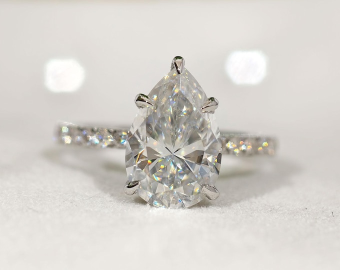 3 CT Pear Cut Moissanite Engagement Ring, Hidden Halo Wedding Bridal Ring, Pave Setting Promise Ring, Anniversary Gift Ring For Wife