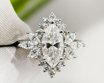 2 CT Marquise Cut Moissanite Cluster Halo Engagement Ring, 14k Solid Gold Starburst Halo Art Deco Wedding Ring, Gift For Her