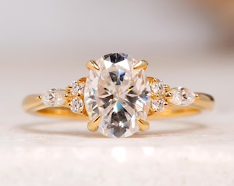 Oval Cut Moissanite Engagement Ring, 14K Solid Gold Cluster Wedding Ring, Four Claw Prong Set Affordable Luxurious Anniversary Ring For Her