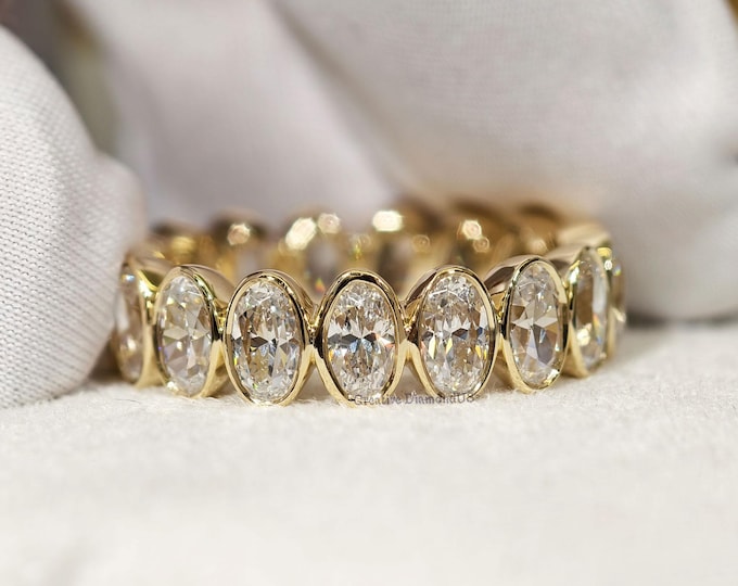 Oval Cut Moissanite Wedding Band, Oval Bezel Set Gold Anniversary Band, Full Eternity Stackable Matching Promise Gift Band For Girlfriend